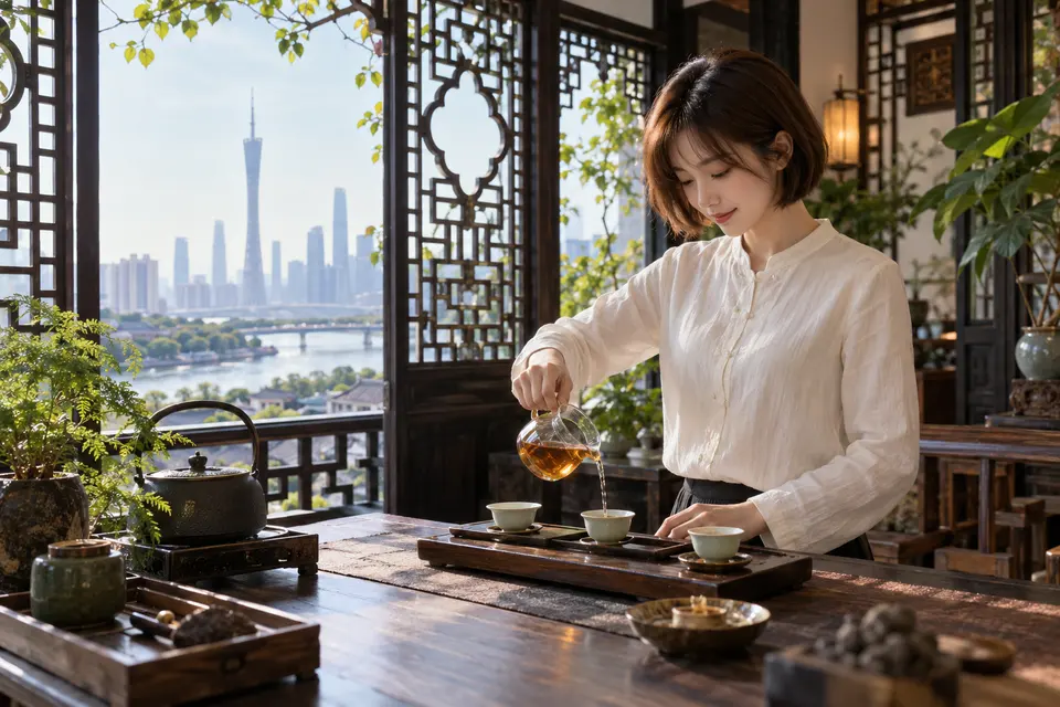 岭南花窗旁的冲泡空间，公道杯中分茶，呈现广州品茶工作室的品饮场景