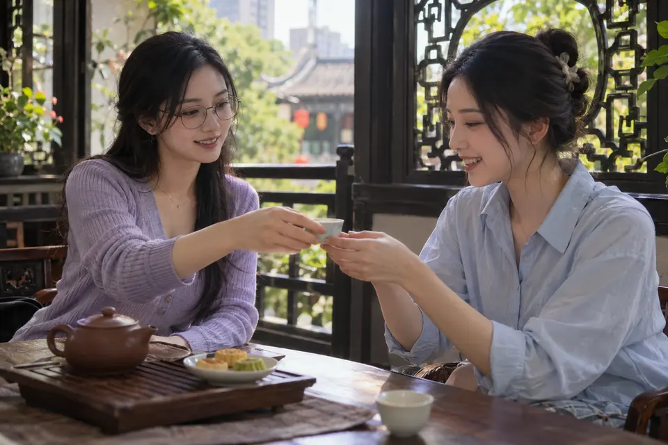 广州花窗旁茶点与茶友交流的场景示例