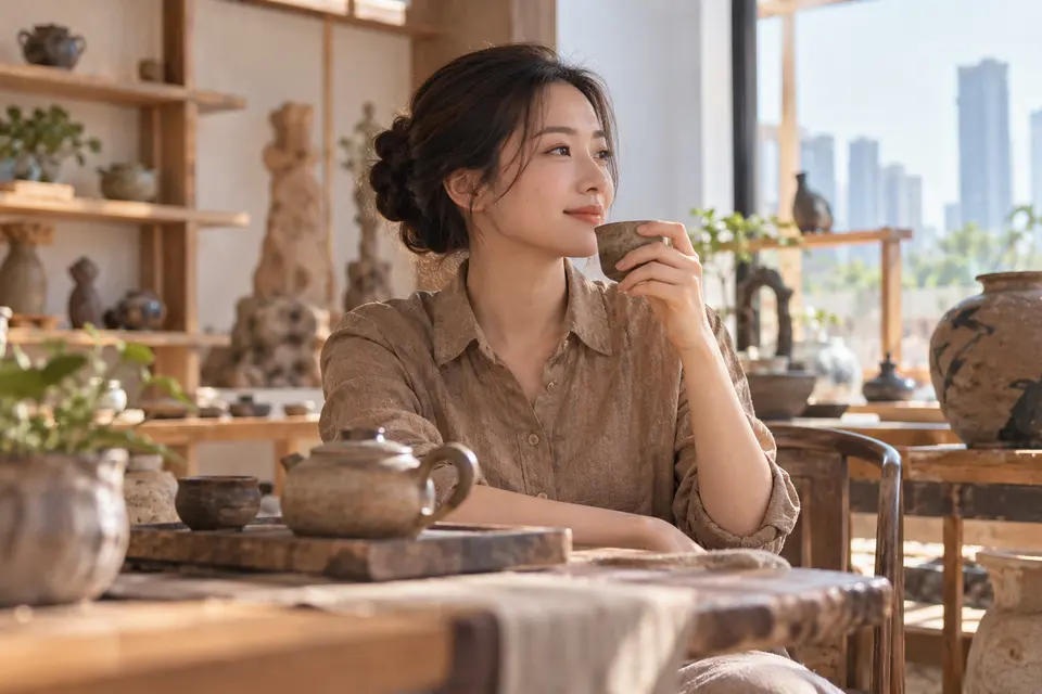 陶艺茶器工作室的茶杯与茶具陈列示例
