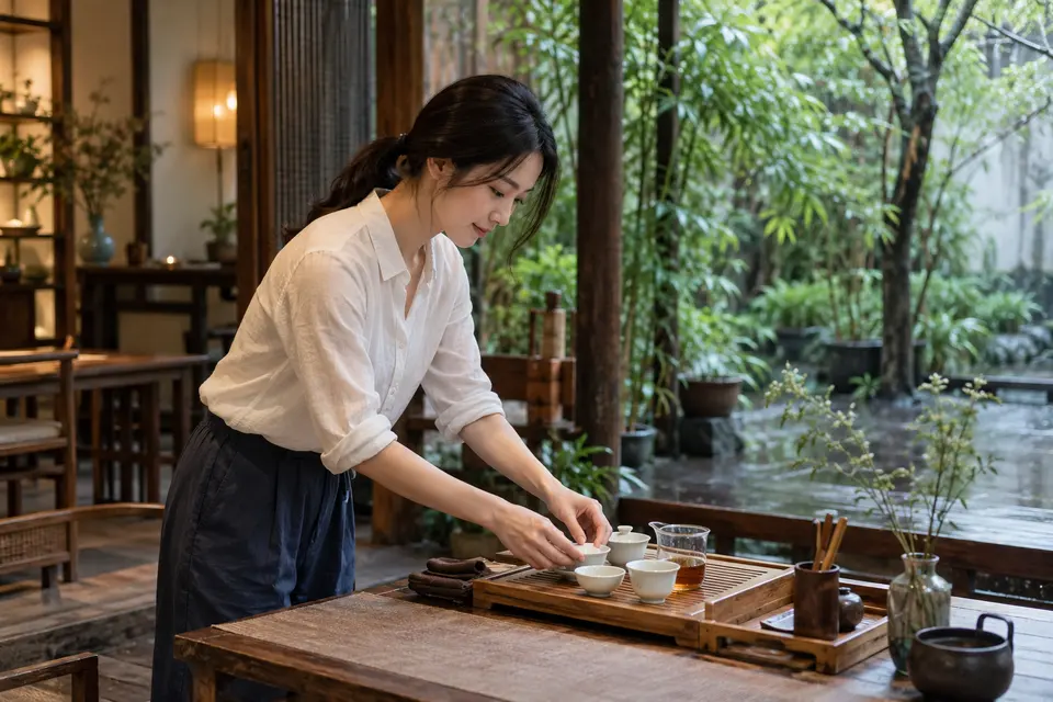 庭院茶席布置示例，竹制茶具与盖碗陈列